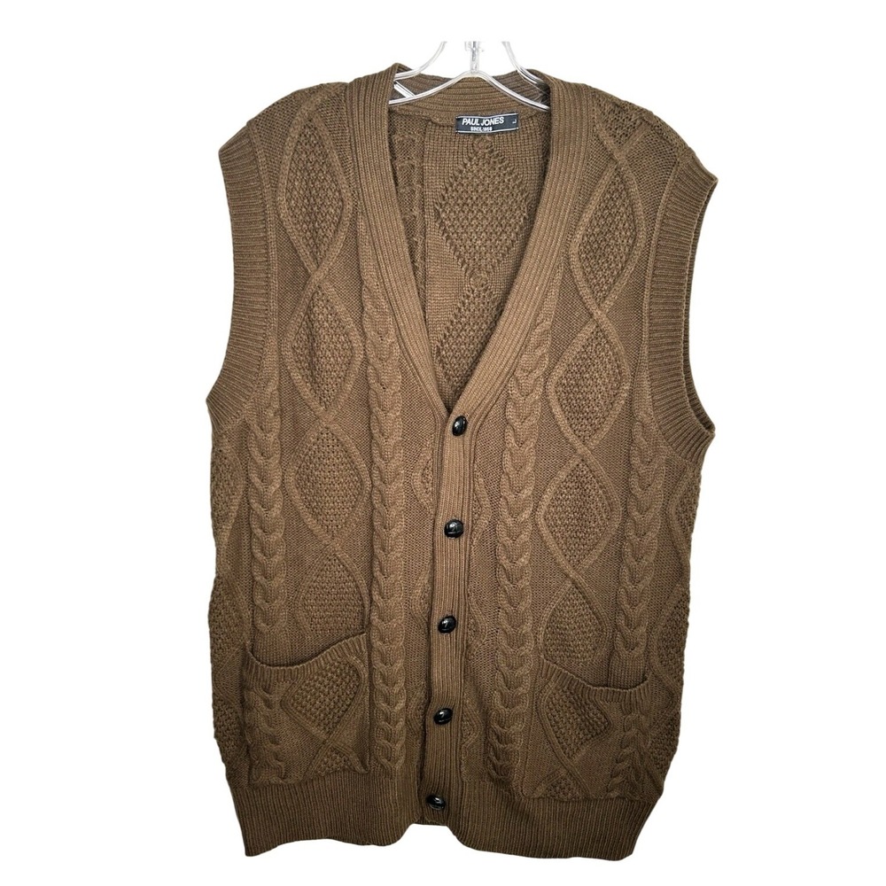 Paul Jones Mens Brown Cable Knit Cardigan Vest V-Neck Button‎ Front Large A7